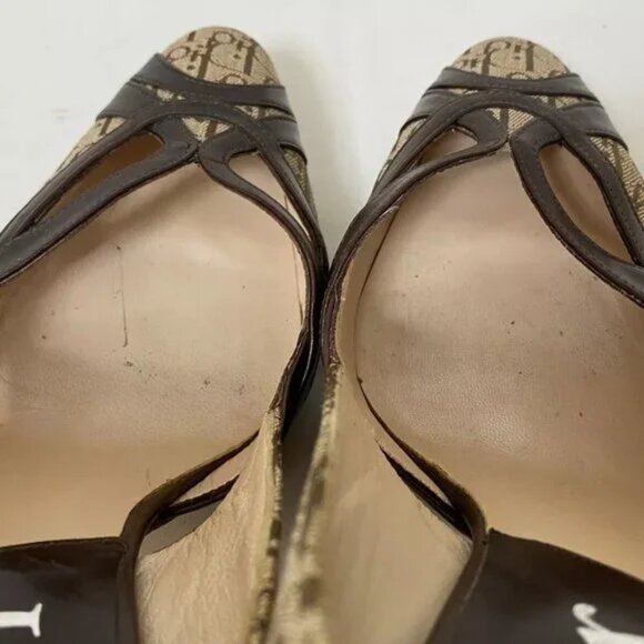 100% Auth DIOR/ChristianDior Beige Dark Brown Jacquard Leather Women's Pumps - Picture 6 of 8